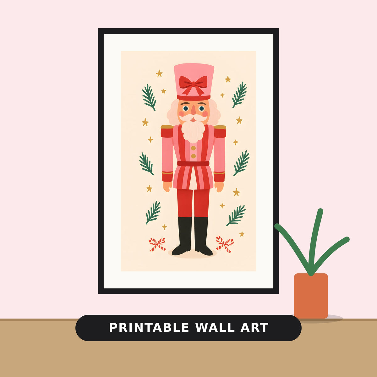 Illustration of a pink and red striped nutcracker with a tall pink hat and bow, surrounded by green pine sprigs, gold stars and candy-striped bows on a cream background.