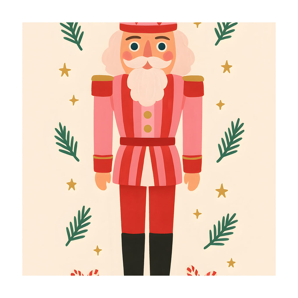 Illustration of a pink and red striped nutcracker with a tall pink hat and bow, surrounded by green pine sprigs, gold stars and candy-striped bows on a cream background.