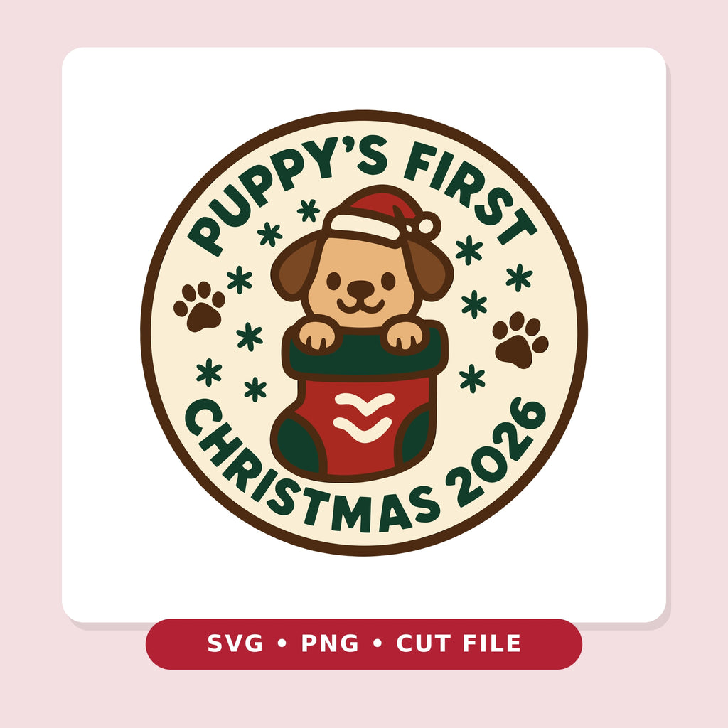 Round Christmas ornament design with a smiling puppy in a Santa hat peeking out of a red and green stocking, surrounded by paw prints and snowflakes, with the text Puppy's First Christmas 2026.