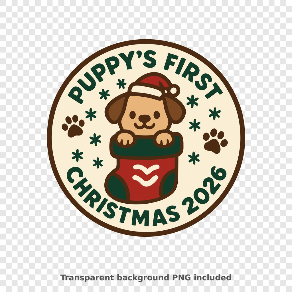 Round Christmas ornament design with a smiling puppy in a Santa hat peeking out of a red and green stocking, surrounded by paw prints and snowflakes, with the text Puppy's First Christmas 2026.
