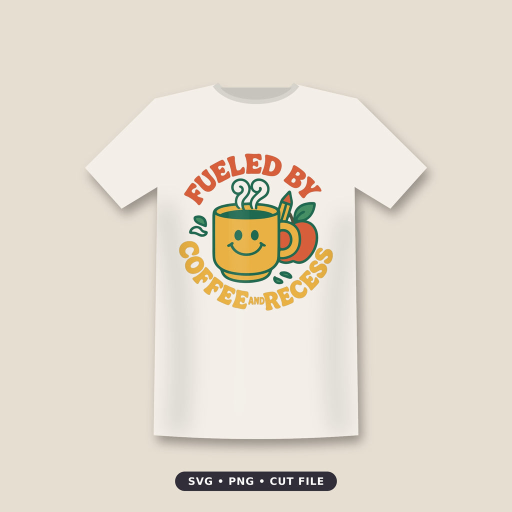 Retro round teacher design with a smiling yellow coffee mug, pencil and red apple, surrounded by the text Fueled by Coffee and Recess in orange and yellow groovy letters.