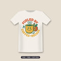 Retro round teacher design with a smiling yellow coffee mug, pencil and red apple, surrounded by the text Fueled by Coffee and Recess in orange and yellow groovy letters.