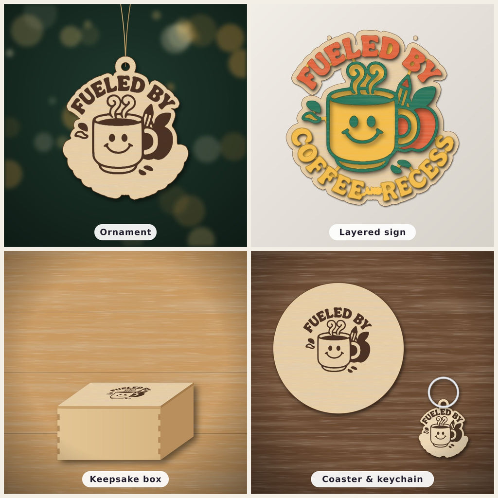 Round wooden laser-engraved ornament with the words Fueled By above a smiling coffee mug, a pencil and an apple, hanging on a thin cord against a dark green background with golden bokeh lights.