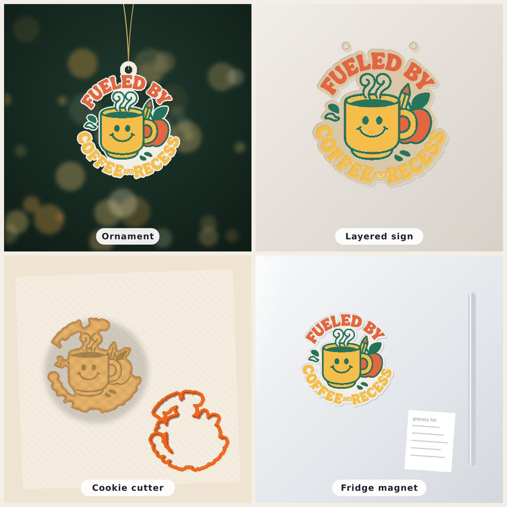 Round ornament with a smiling yellow coffee mug, green steam, an apple and a pencil, surrounded by the text Fueled by Coffee and Recess, on a dark green background with golden bokeh lights.