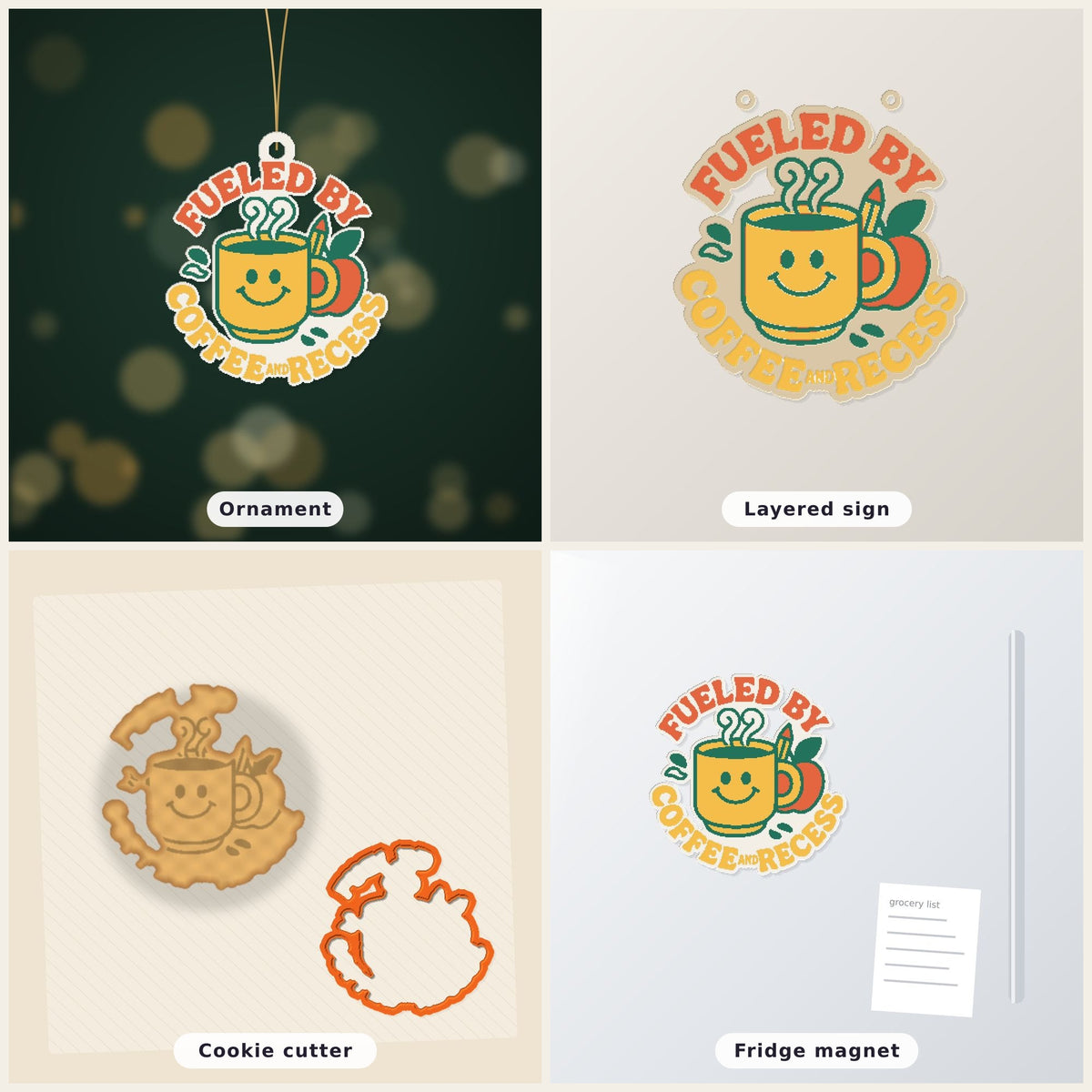 Round ornament with a smiling yellow coffee mug, green steam, an apple and a pencil, surrounded by the text Fueled by Coffee and Recess, on a dark green background with golden bokeh lights.