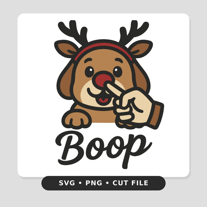 Cute cartoon reindeer puppy with antlers and a red nose getting a boop from a hand, with the word Boop in script below.