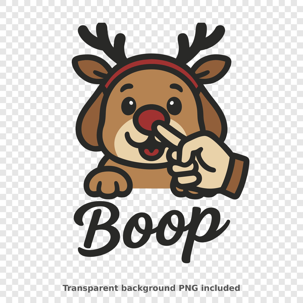 Cute cartoon reindeer puppy with antlers and a red nose getting a boop from a hand, with the word Boop in script below.