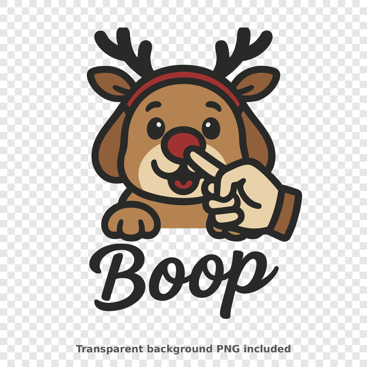 Cute cartoon reindeer puppy with antlers and a red nose getting a boop from a hand, with the word Boop in script below.