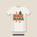 Retro groovy Merry Mama Christmas design with red Merry and green Mama lettering, a green pine tree, and red and cream sparkle stars on a white background.