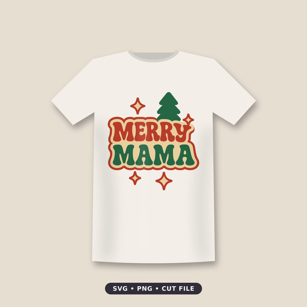 Retro groovy Merry Mama Christmas design with red Merry and green Mama lettering, a green pine tree, and red and cream sparkle stars on a white background.