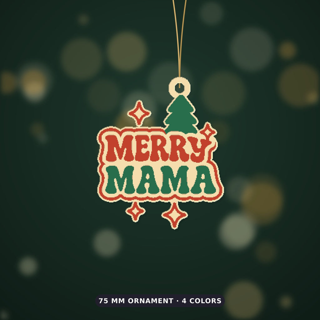 Retro Merry Mama Christmas ornament in red, green and cream with a pine tree and sparkle stars, hanging on a gold string against a blurred green background with golden lights.
