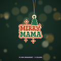 Retro Merry Mama Christmas ornament in red, green and cream with a pine tree and sparkle stars, hanging on a gold string against a blurred green background with golden lights.