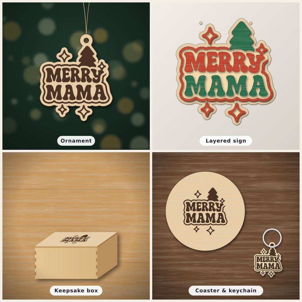 Wooden laser cut ornament engraved with the words Merry Mama in retro lettering, with a Christmas tree and sparkle stars, hanging on a thin cord against a dark green background with golden bokeh lights.