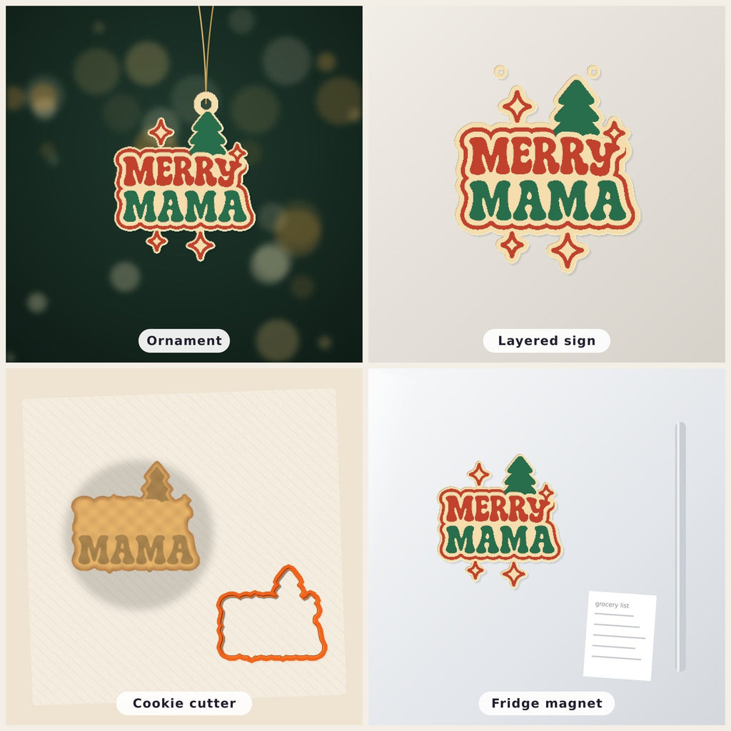 Retro Merry Mama Christmas ornament in red, green and cream with a pine tree and sparkle stars, hanging on a gold string against a blurred green background with golden lights.