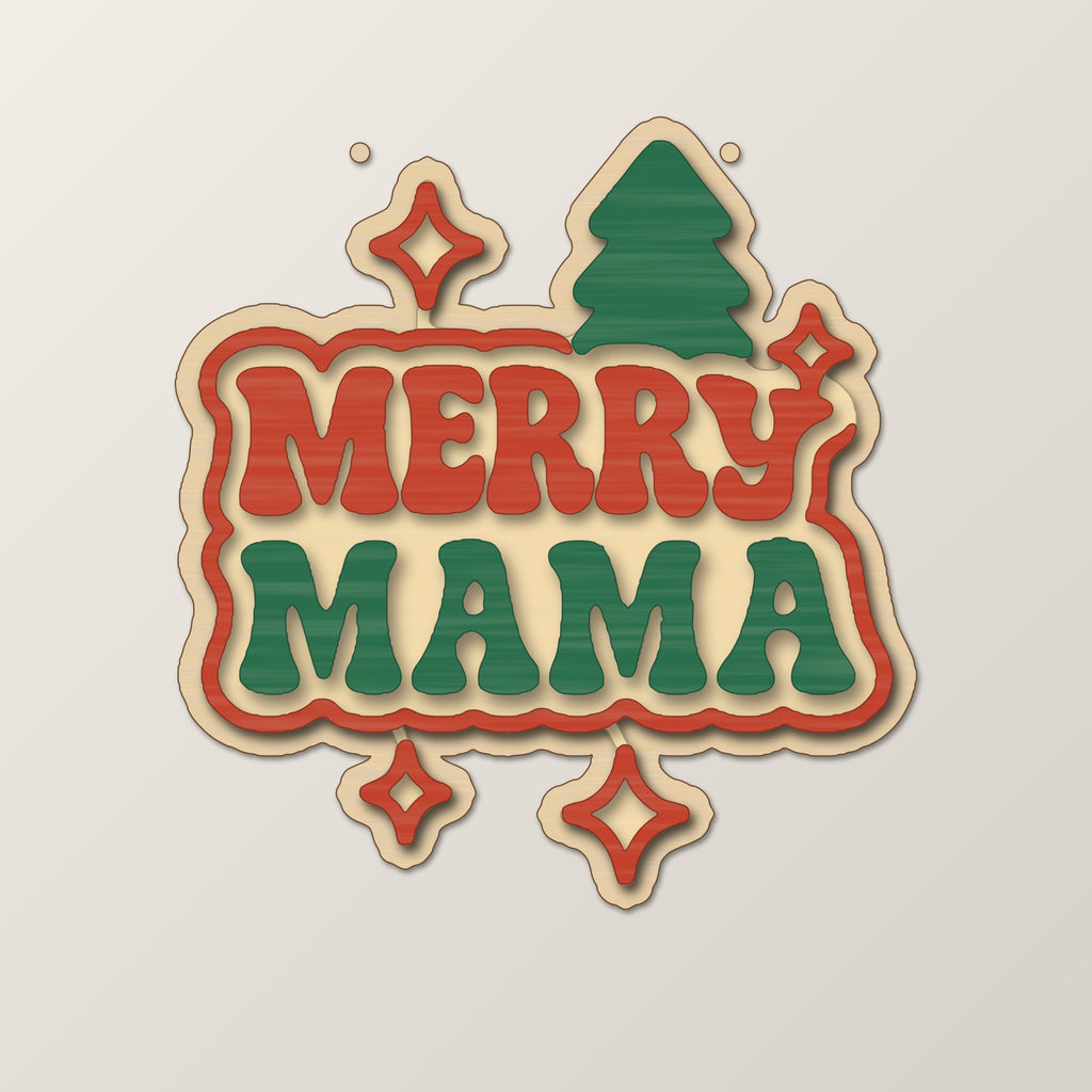 Wooden laser cut ornament engraved with the words Merry Mama in retro lettering, with a Christmas tree and sparkle stars, hanging on a thin cord against a dark green background with golden bokeh lights.