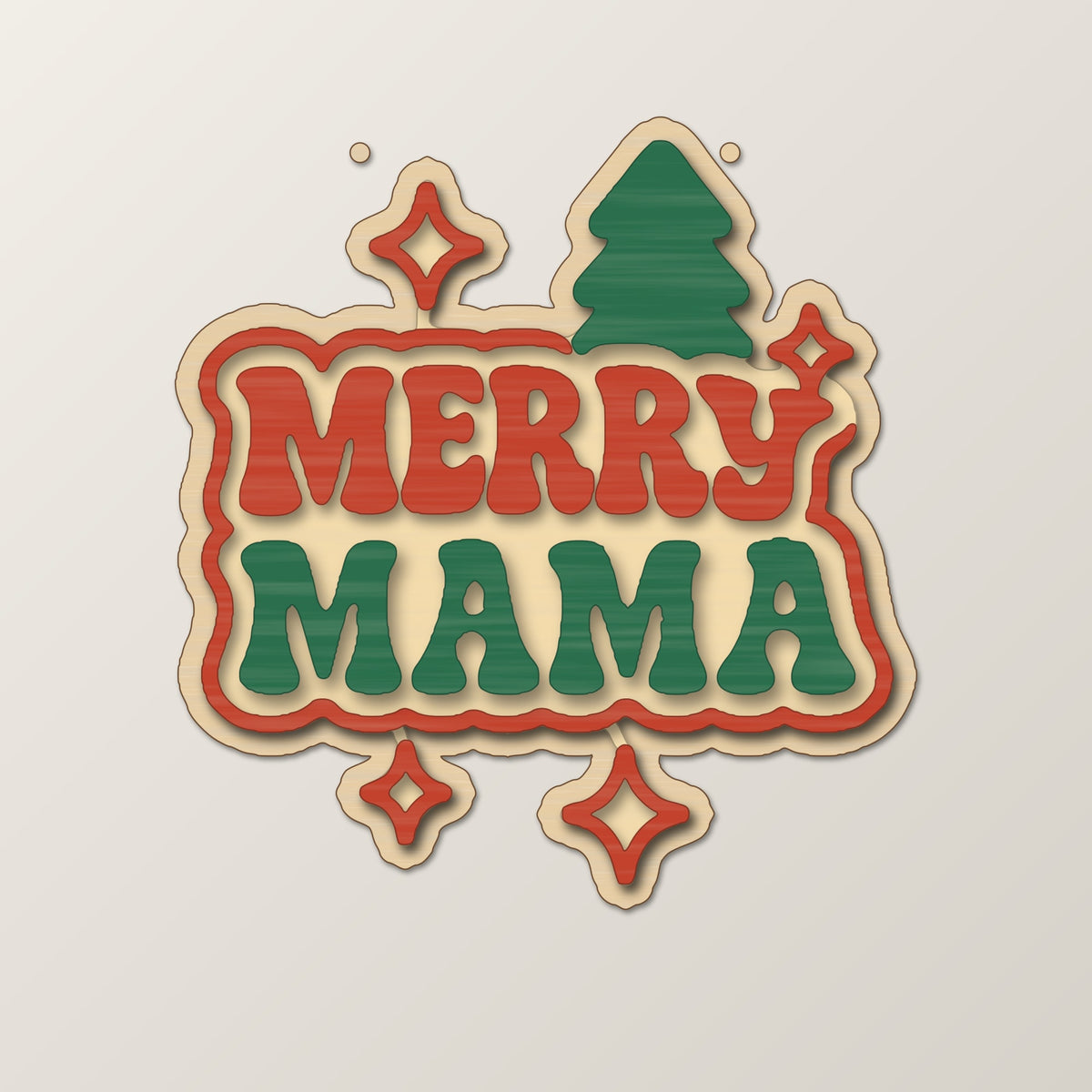 Wooden laser cut ornament engraved with the words Merry Mama in retro lettering, with a Christmas tree and sparkle stars, hanging on a thin cord against a dark green background with golden bokeh lights.