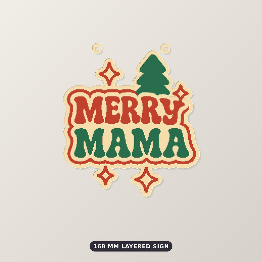 Retro Merry Mama Christmas ornament in red, green and cream with a pine tree and sparkle stars, hanging on a gold string against a blurred green background with golden lights.
