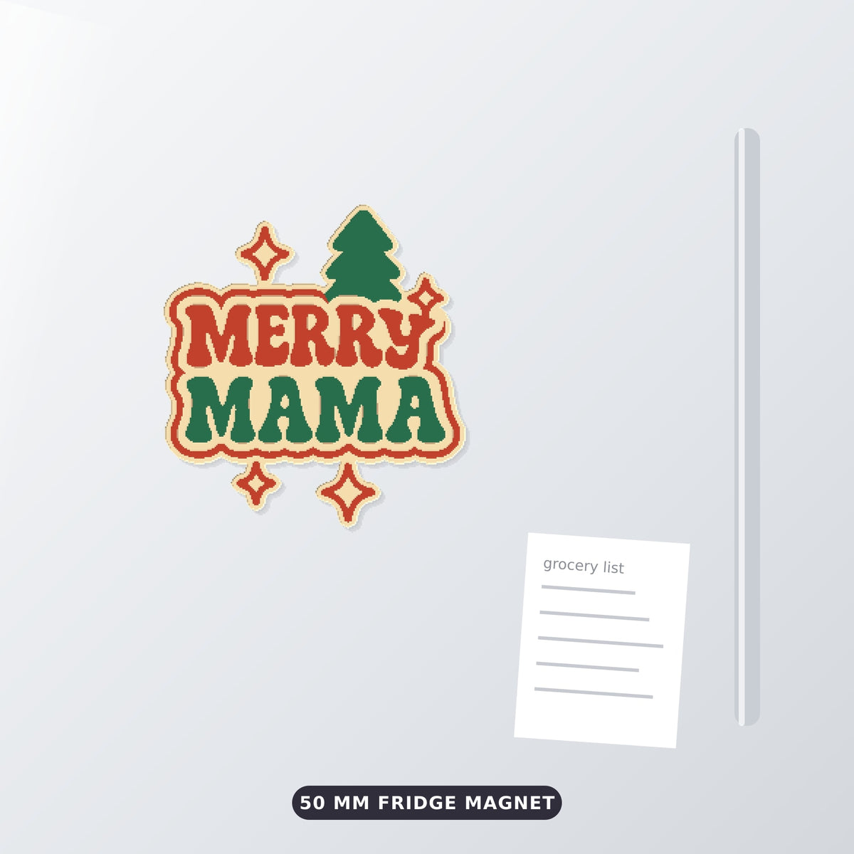 Retro Merry Mama Christmas ornament in red, green and cream with a pine tree and sparkle stars, hanging on a gold string against a blurred green background with golden lights.
