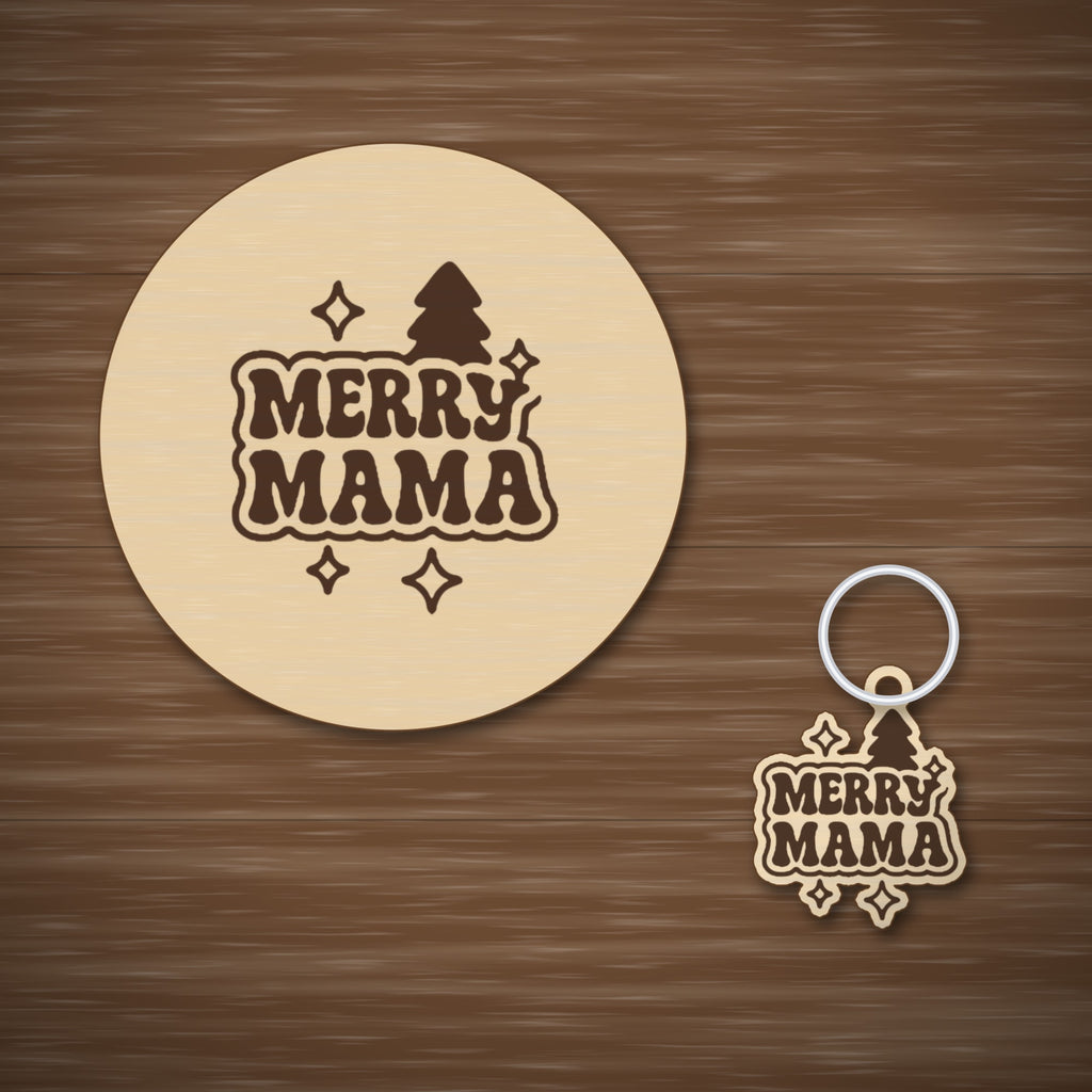 Wooden laser cut ornament engraved with the words Merry Mama in retro lettering, with a Christmas tree and sparkle stars, hanging on a thin cord against a dark green background with golden bokeh lights.