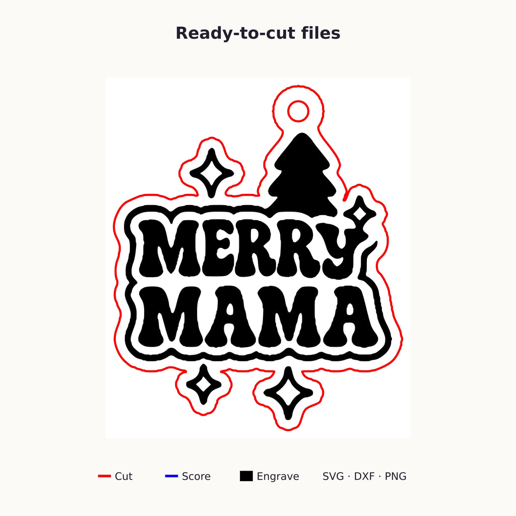 Wooden laser cut ornament engraved with the words Merry Mama in retro lettering, with a Christmas tree and sparkle stars, hanging on a thin cord against a dark green background with golden bokeh lights.