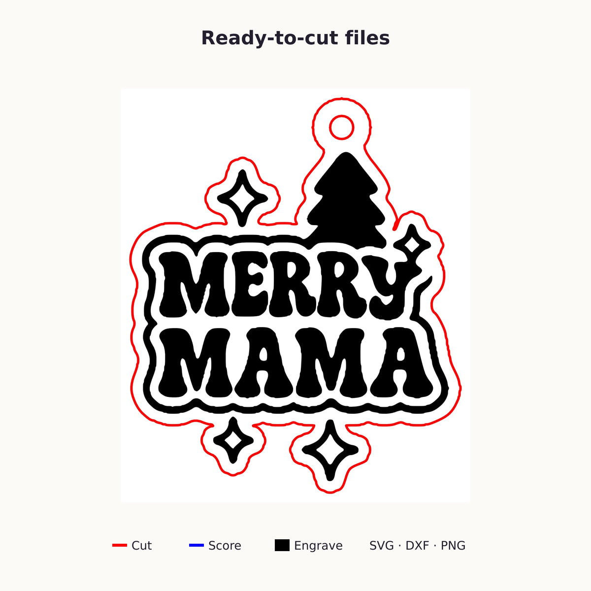 Wooden laser cut ornament engraved with the words Merry Mama in retro lettering, with a Christmas tree and sparkle stars, hanging on a thin cord against a dark green background with golden bokeh lights.