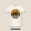 Circular retro badge of a brown bear walking in front of green mountains under an orange and yellow striped sunset, with the words Mama Bear below.