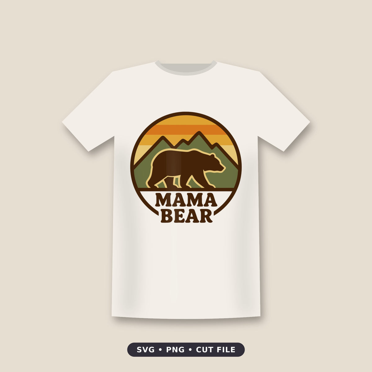Circular retro badge of a brown bear walking in front of green mountains under an orange and yellow striped sunset, with the words Mama Bear below.