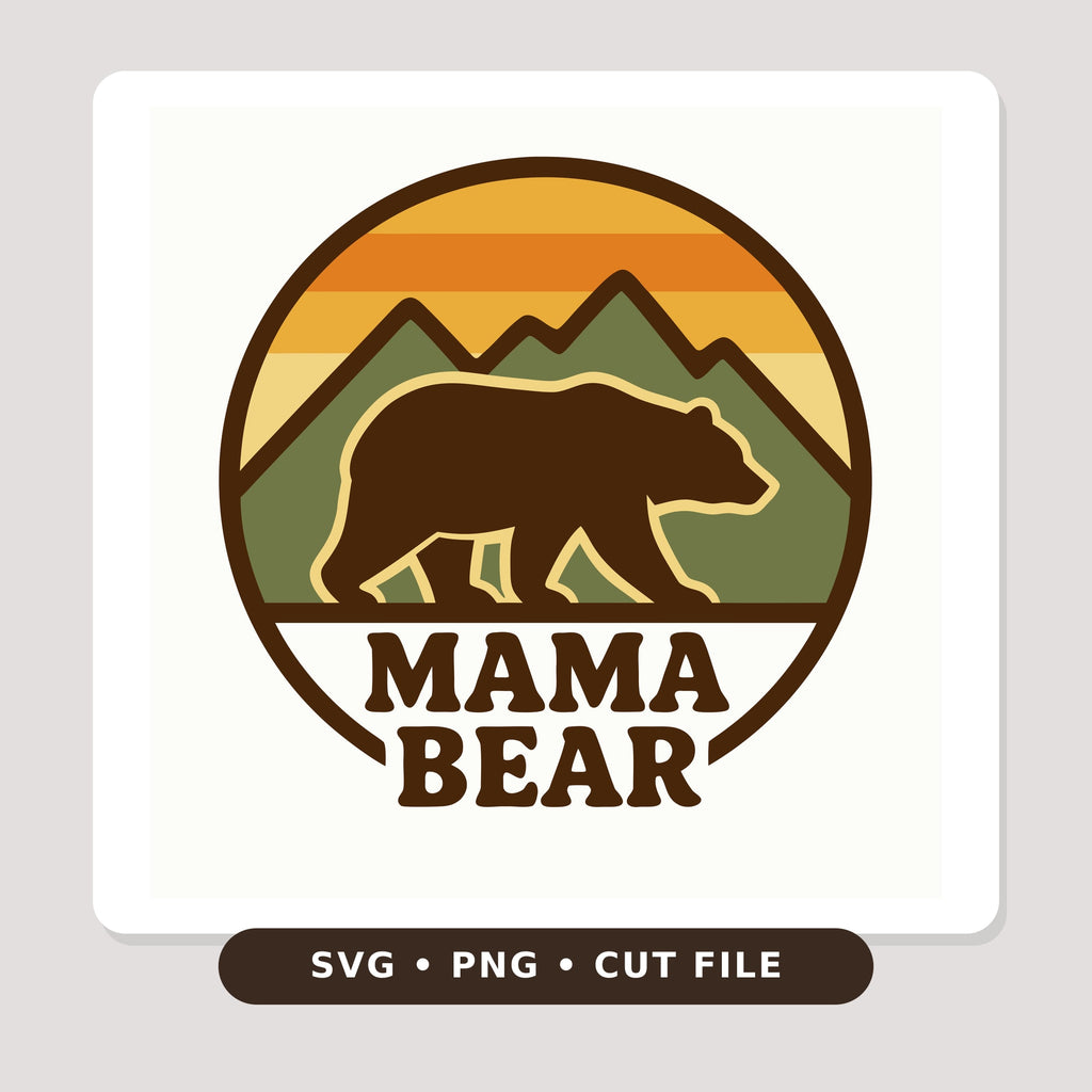 Circular retro badge of a brown bear walking in front of green mountains under an orange and yellow striped sunset, with the words Mama Bear below.