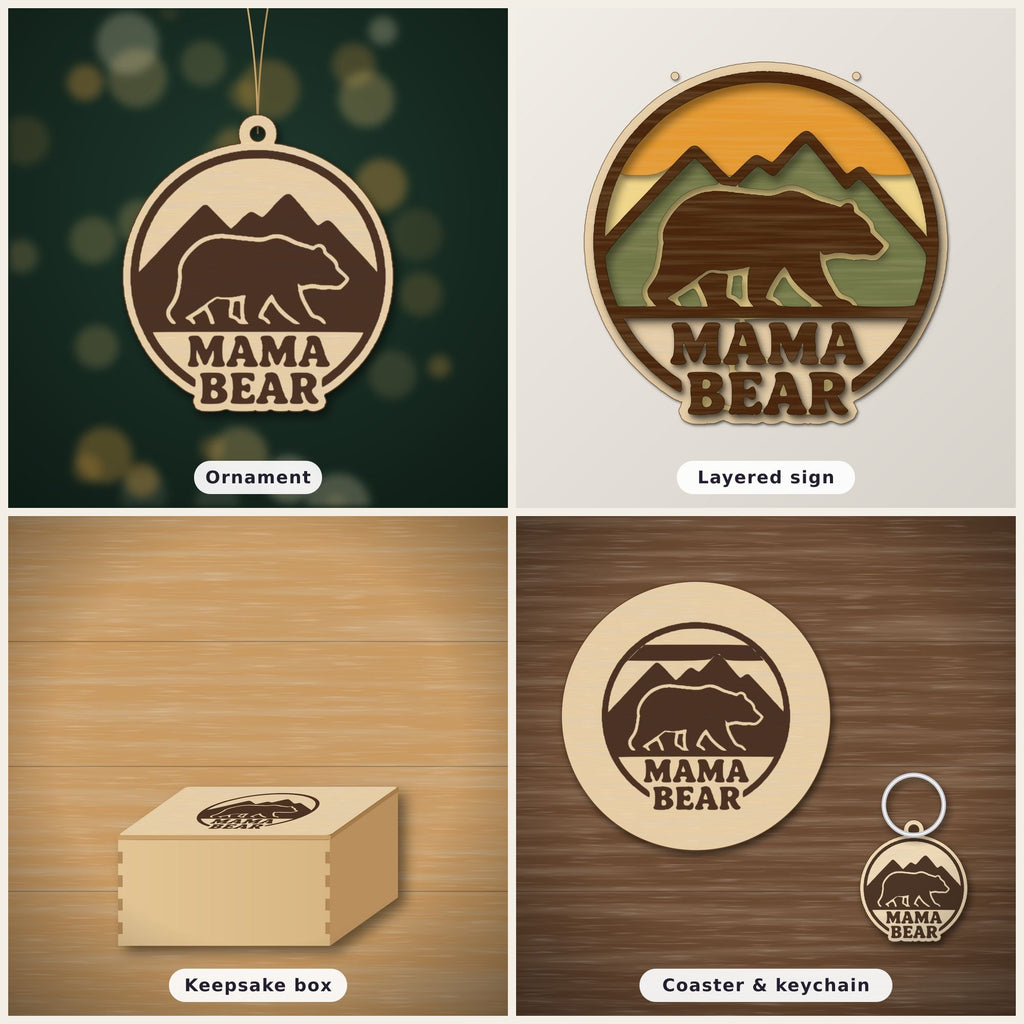 Round wooden laser cut ornament showing a brown bear walking in front of mountains above the words Mama Bear, hanging on a thin cord against a blurred green background with golden lights.