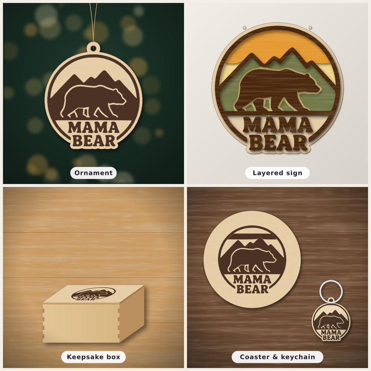 Round wooden laser cut ornament showing a brown bear walking in front of mountains above the words Mama Bear, hanging on a thin cord against a blurred green background with golden lights.