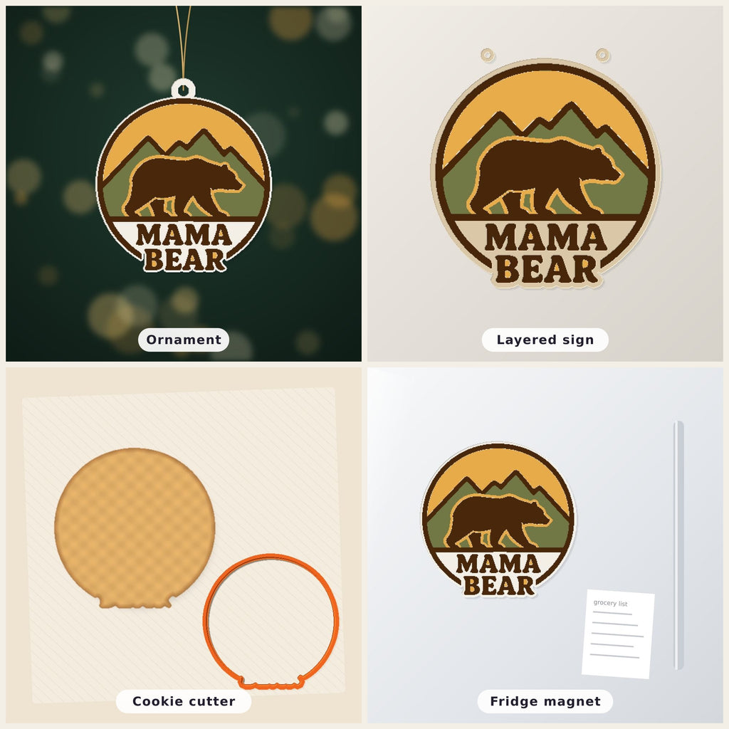 Round retro mama bear ornament showing a brown bear walking in front of green mountains and a yellow sunset, with the words Mama Bear below, hanging on a gold string against a dark green background.