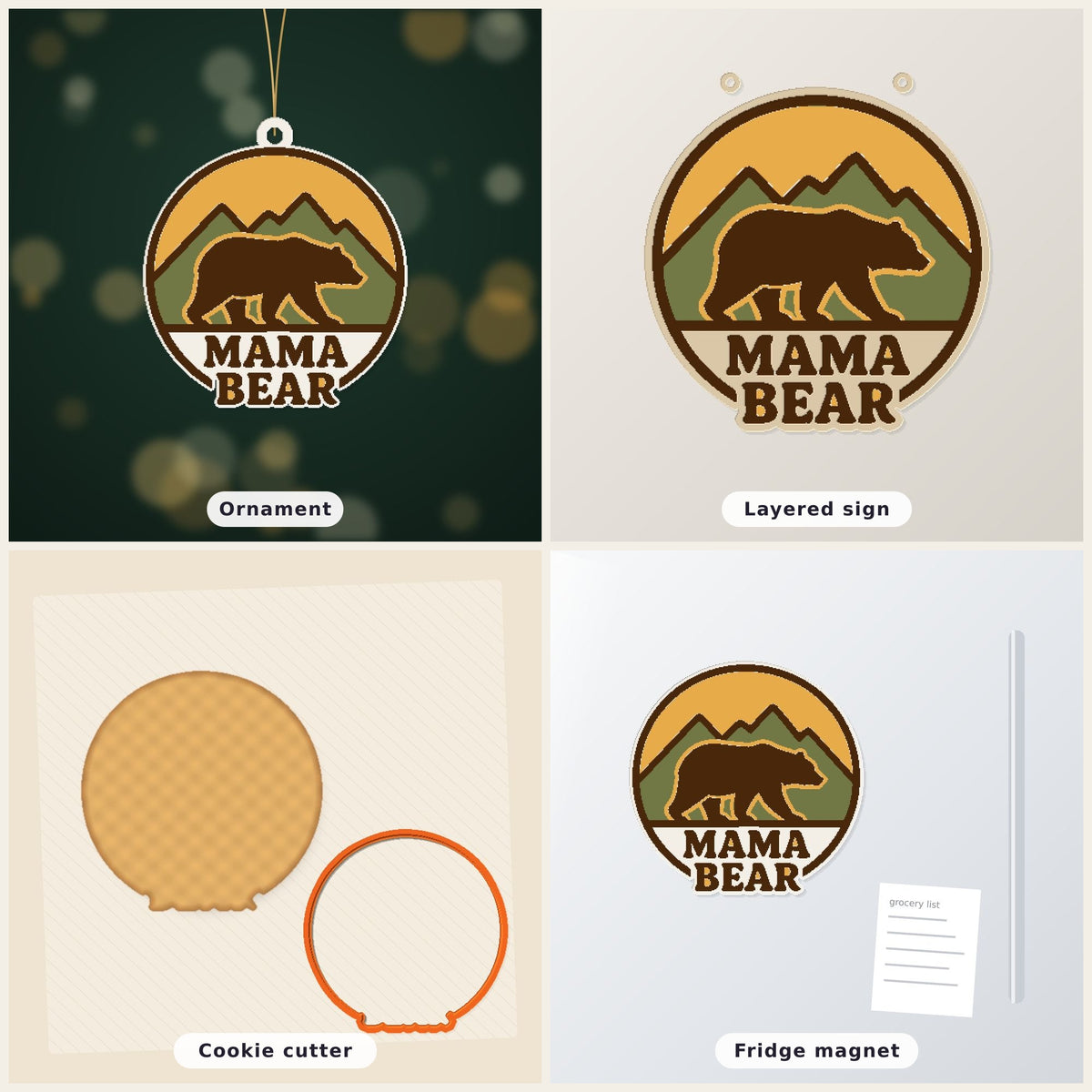 Round retro mama bear ornament showing a brown bear walking in front of green mountains and a yellow sunset, with the words Mama Bear below, hanging on a gold string against a dark green background.
