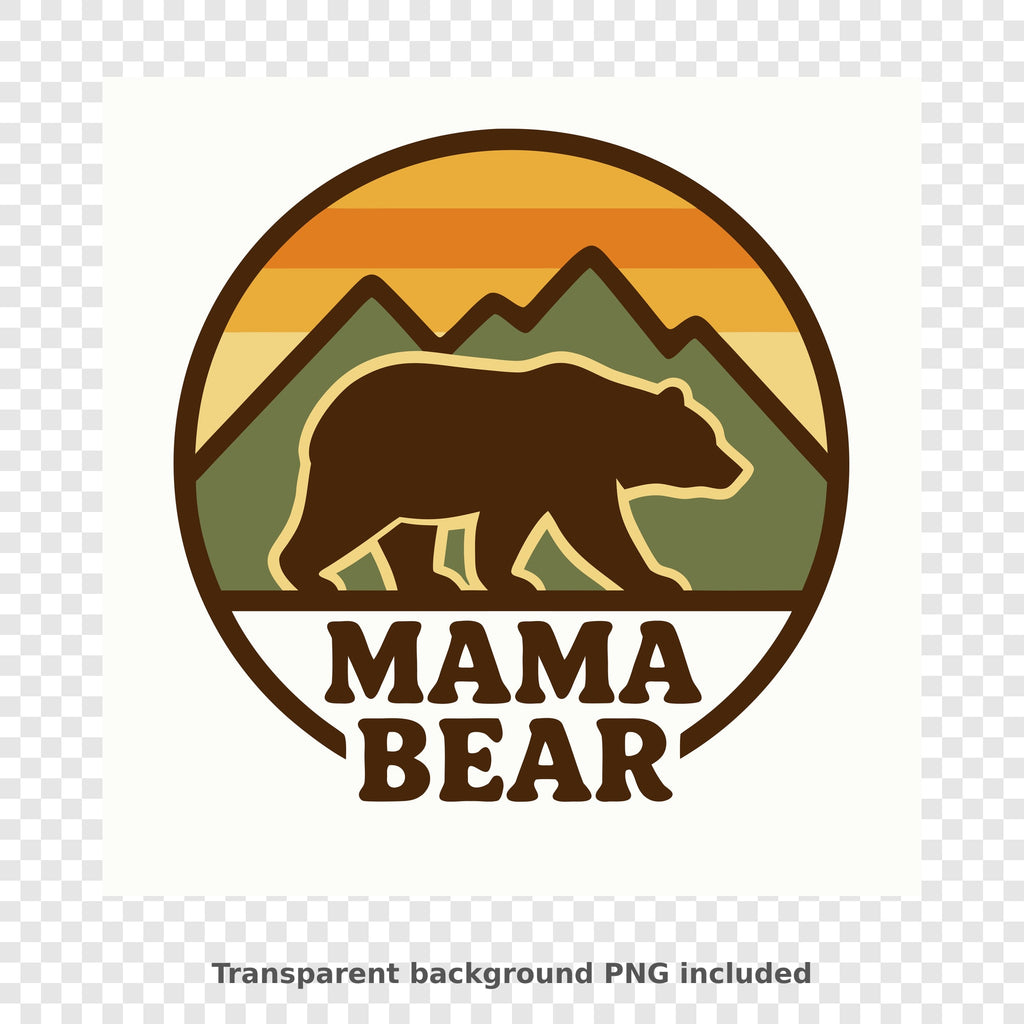 Circular retro badge of a brown bear walking in front of green mountains under an orange and yellow striped sunset, with the words Mama Bear below.