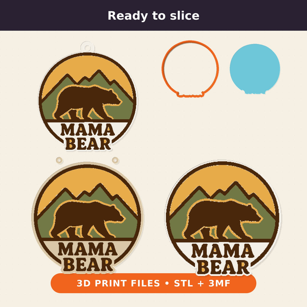 Round retro mama bear ornament showing a brown bear walking in front of green mountains and a yellow sunset, with the words Mama Bear below, hanging on a gold string against a dark green background.