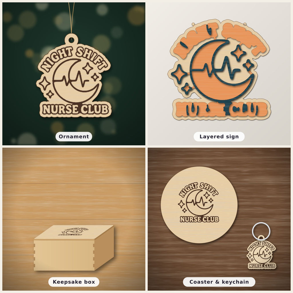 A round-cornered wooden laser cut ornament engraved with a crescent moon, heartbeat line and sparkles, with the words Night Shift Nurse Club, hanging on a gold string against a dark green background with soft lights.