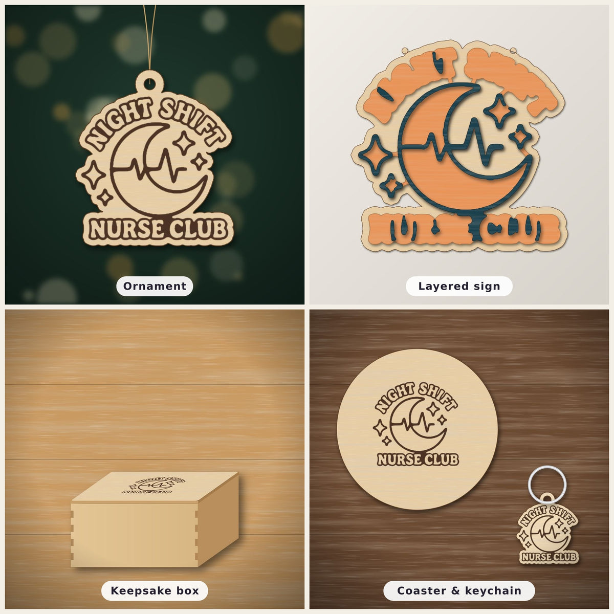 A round-cornered wooden laser cut ornament engraved with a crescent moon, heartbeat line and sparkles, with the words Night Shift Nurse Club, hanging on a gold string against a dark green background with soft lights.