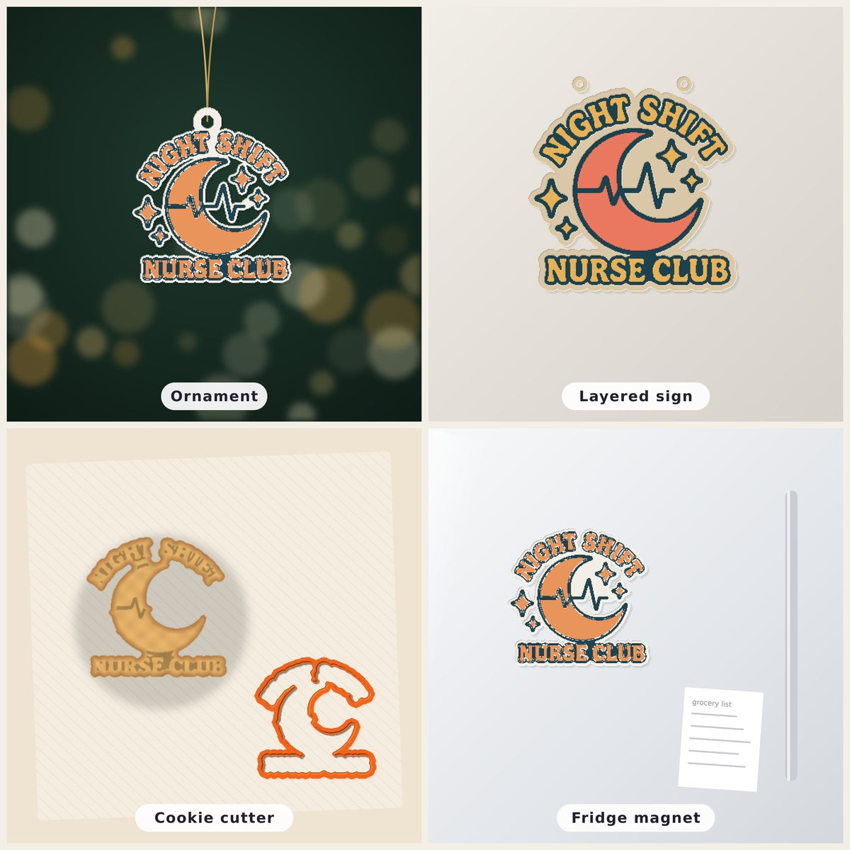 A retro orange and teal crescent moon ornament with a heartbeat line and stars, with the text Night Shift Nurse Club, hanging on a gold string against a dark green background.