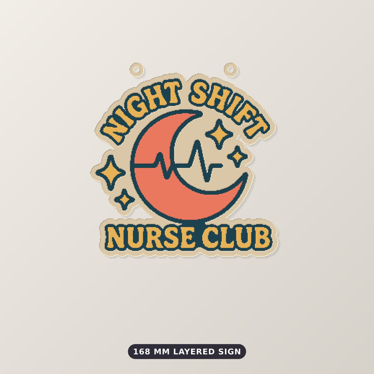 A retro orange and teal crescent moon ornament with a heartbeat line and stars, with the text Night Shift Nurse Club, hanging on a gold string against a dark green background.