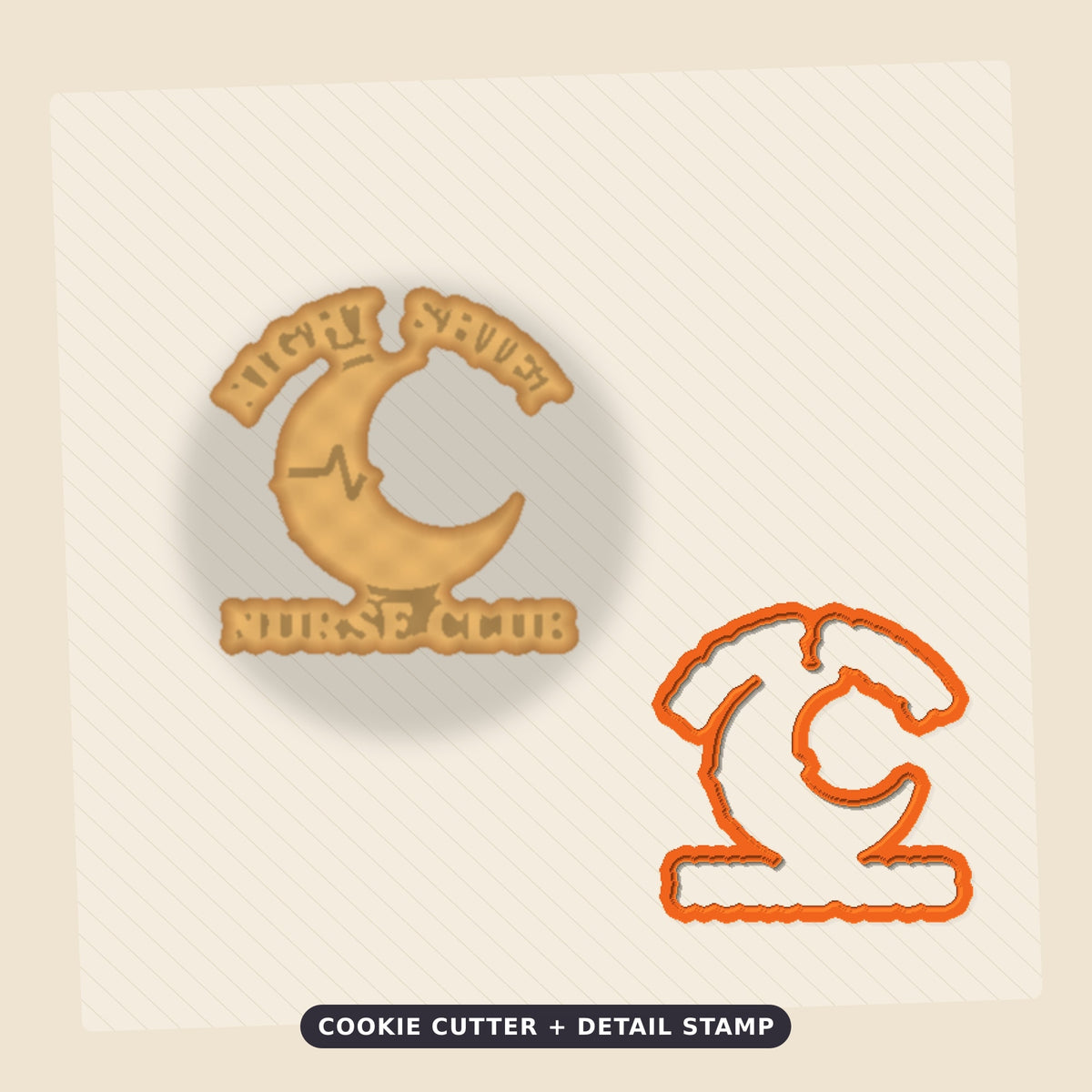 A retro orange and teal crescent moon ornament with a heartbeat line and stars, with the text Night Shift Nurse Club, hanging on a gold string against a dark green background.