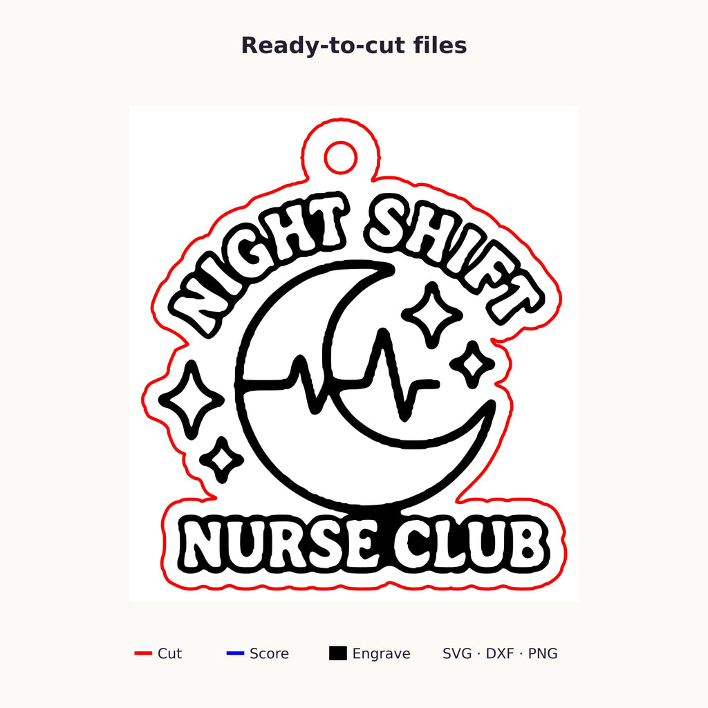 A round-cornered wooden laser cut ornament engraved with a crescent moon, heartbeat line and sparkles, with the words Night Shift Nurse Club, hanging on a gold string against a dark green background with soft lights.