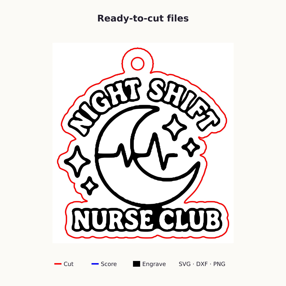 A round-cornered wooden laser cut ornament engraved with a crescent moon, heartbeat line and sparkles, with the words Night Shift Nurse Club, hanging on a gold string against a dark green background with soft lights.