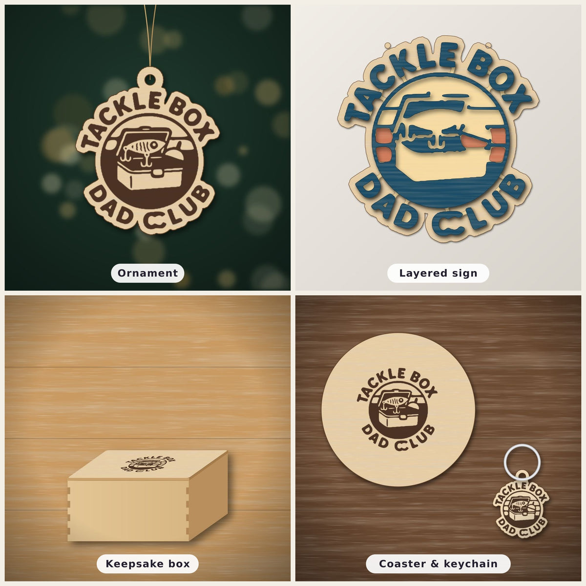 Round wooden laser engraved ornament with a retro tackle box and fishing lure badge and the words Tackle Box Dad Club, hanging on a thin cord against a dark green background with soft golden lights.