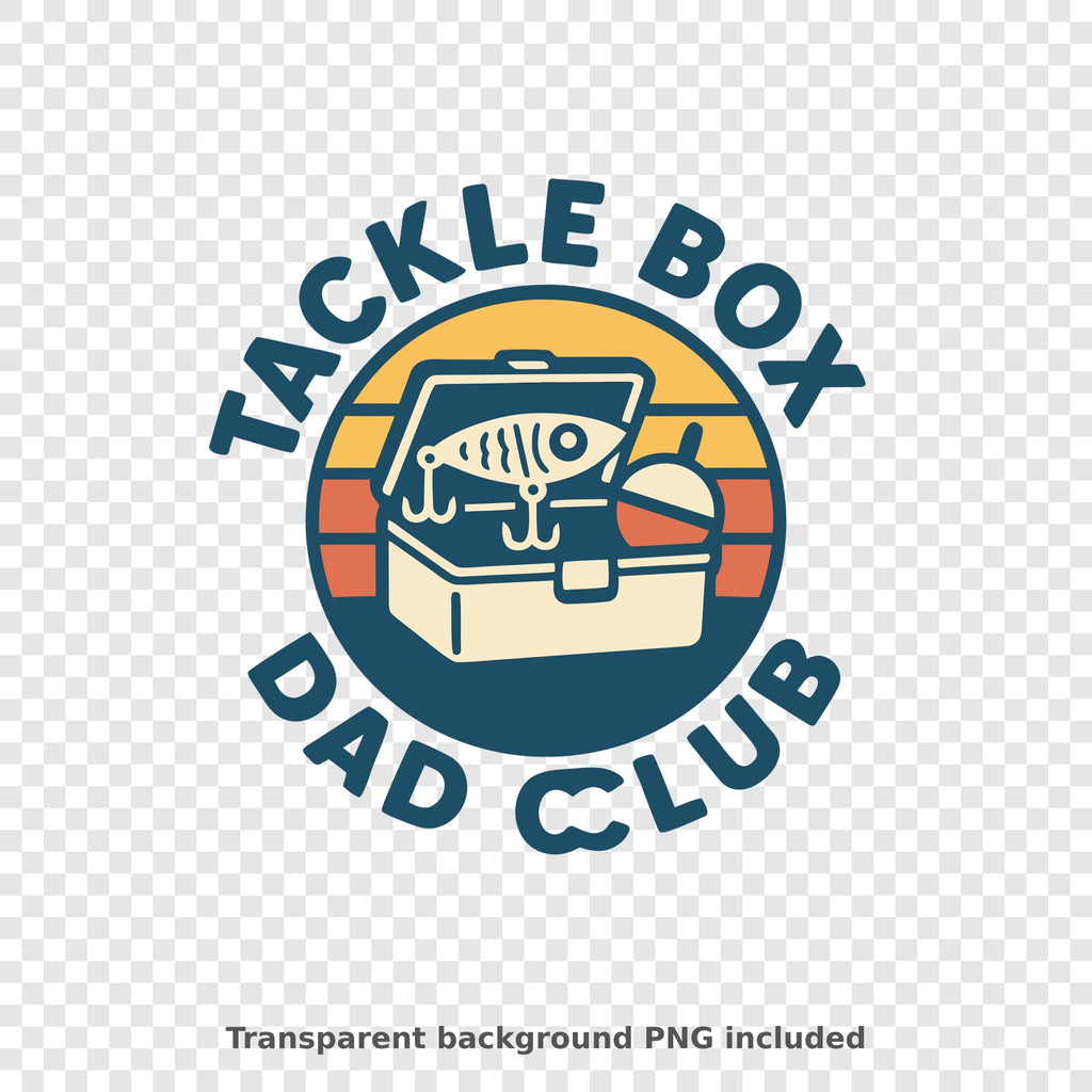 Circular retro badge reading Tackle Box Dad Club with an open tackle box, fishing lure and bobber in front of a striped yellow and orange sunset.