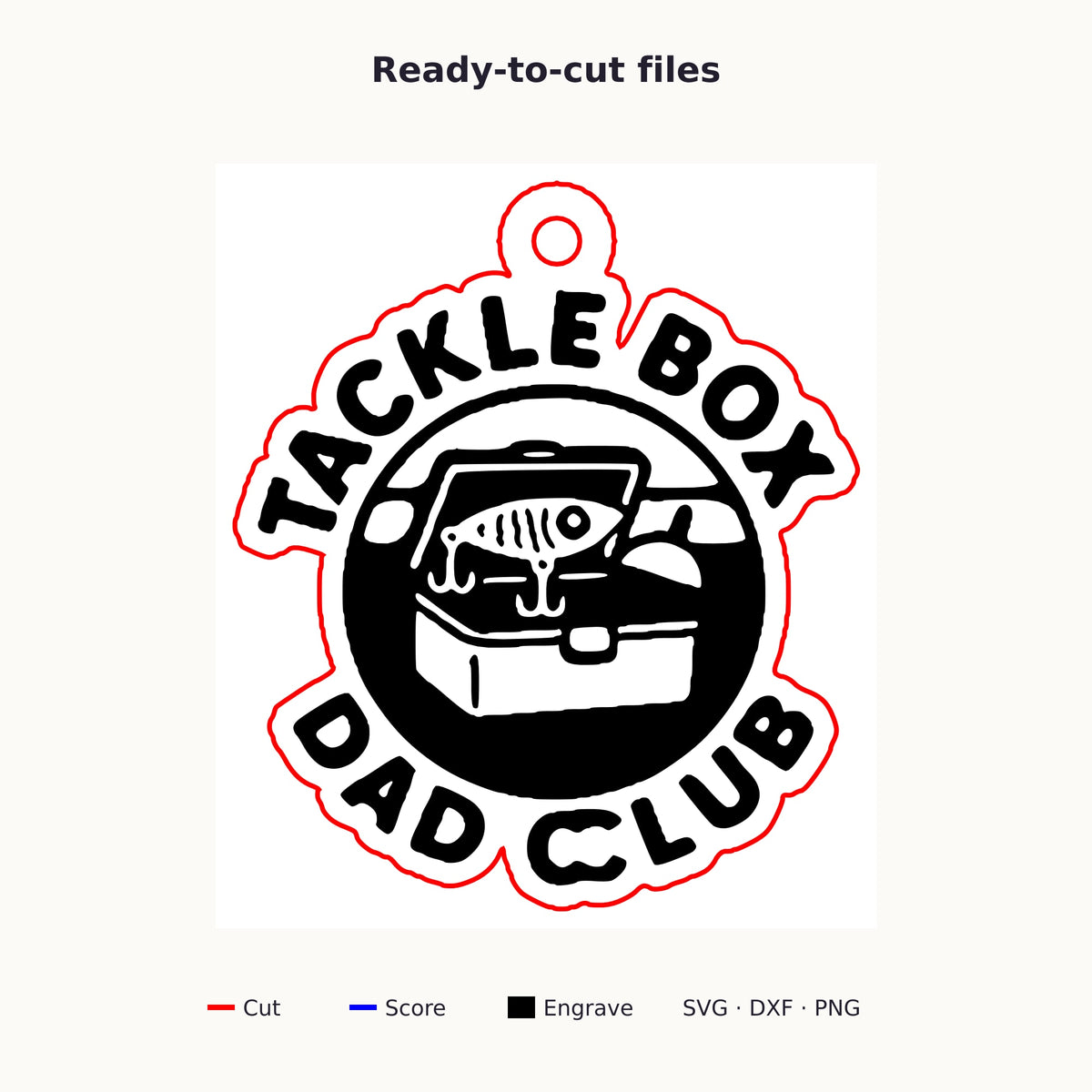 Round wooden laser engraved ornament with a retro tackle box and fishing lure badge and the words Tackle Box Dad Club, hanging on a thin cord against a dark green background with soft golden lights.