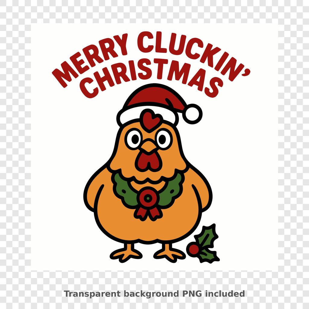 Cartoon orange chicken wearing a red Santa hat and a holly wreath, with a sprig of holly at its feet, under the red text Merry Cluckin' Christmas.