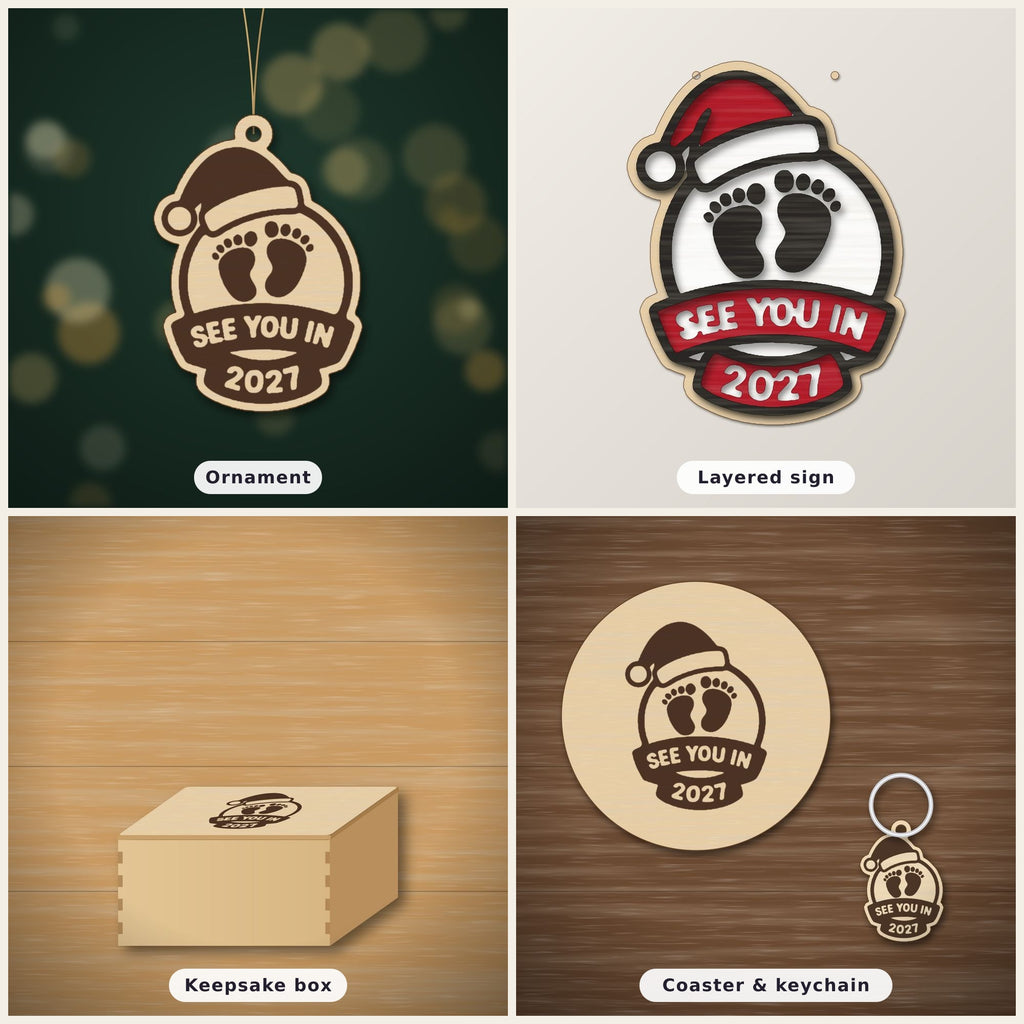 Wooden laser cut Christmas ornament with a Santa hat, engraved baby footprints and a banner reading See You In 2027, hanging against a blurred green background with gold lights.