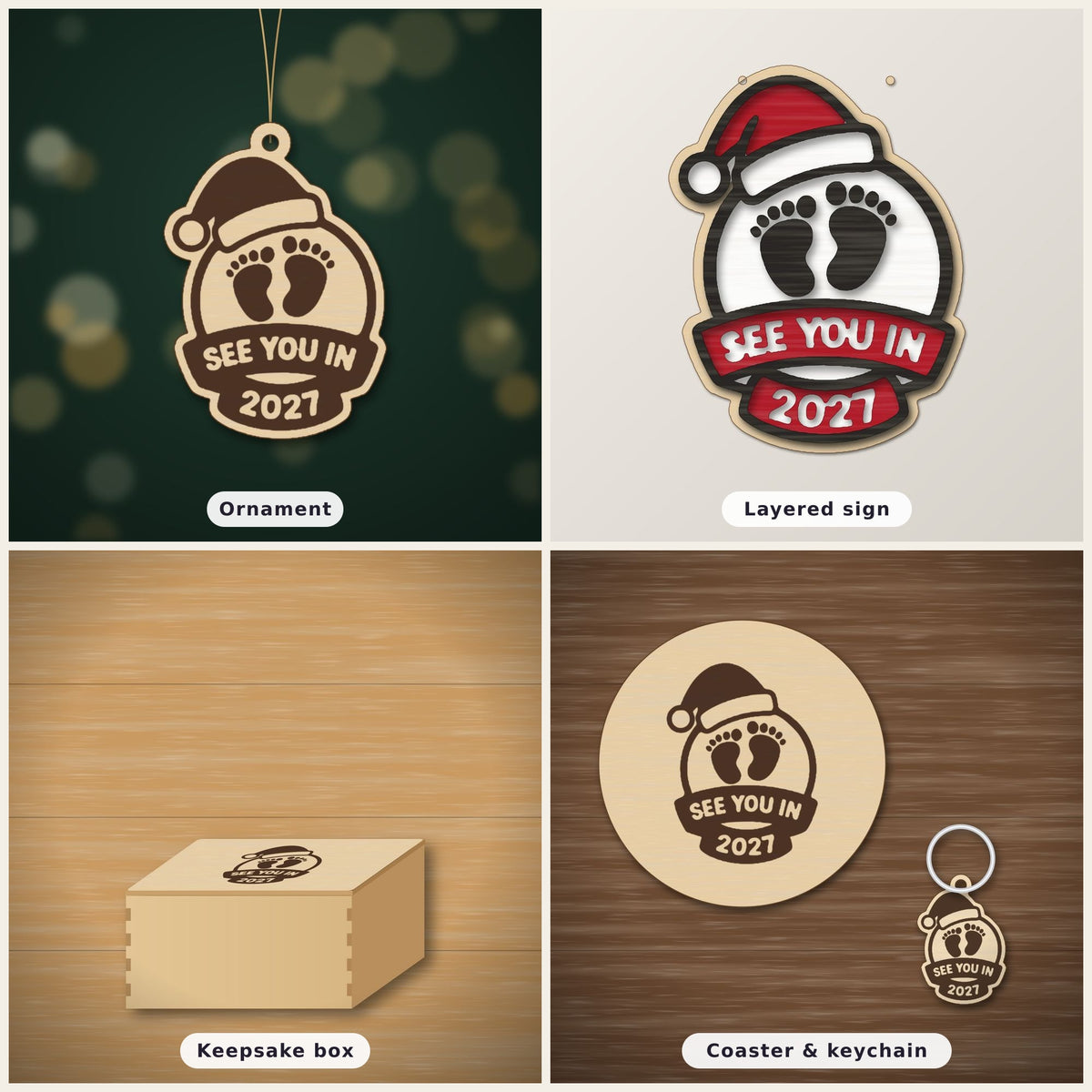 Wooden laser cut Christmas ornament with a Santa hat, engraved baby footprints and a banner reading See You In 2027, hanging against a blurred green background with gold lights.
