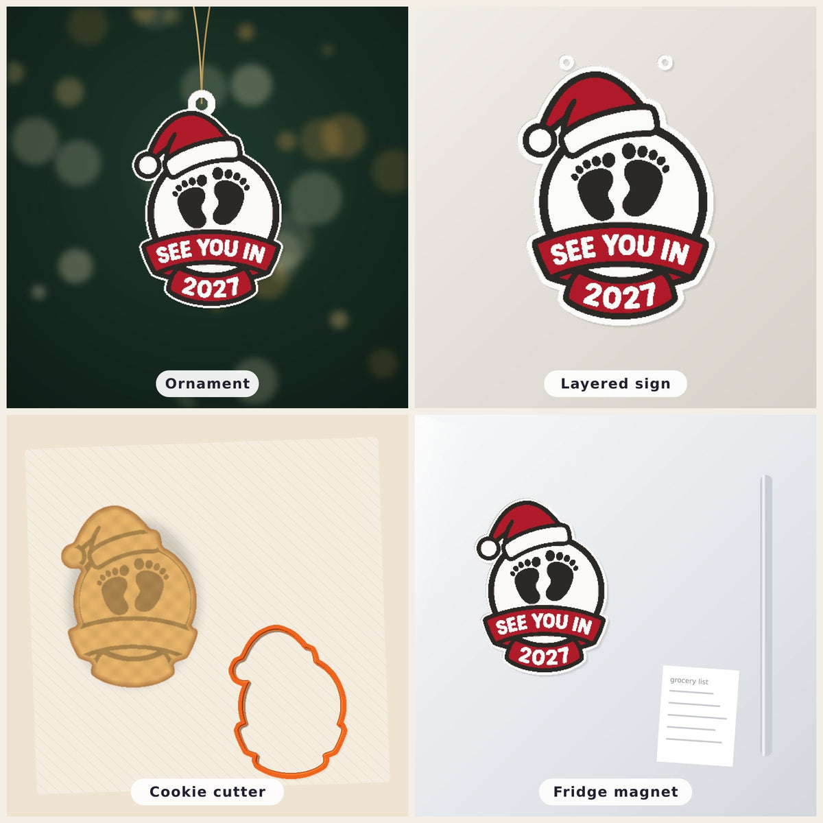 Round white ornament with black baby footprints, a red Santa hat and a red ribbon banner reading See You In 2027, hanging on a gold string against a dark green background.