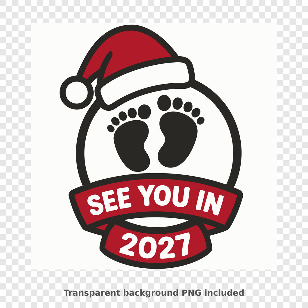 Round Christmas ornament design with black baby footprints, a red Santa hat on top, and a red ribbon banner reading See You In 2027.