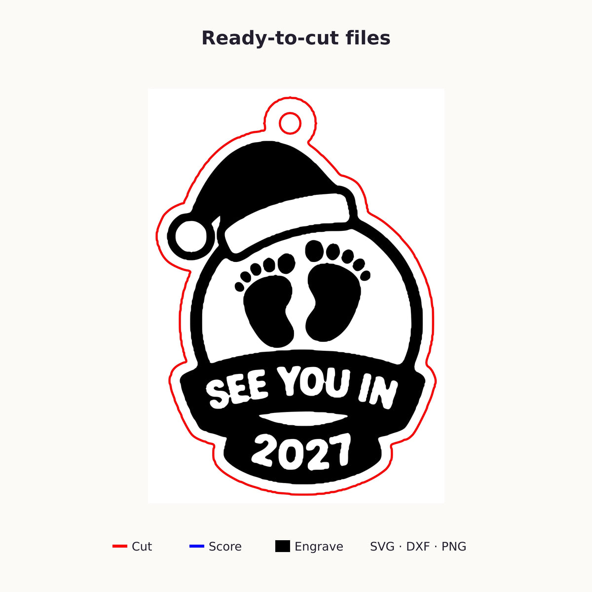 Wooden laser cut Christmas ornament with a Santa hat, engraved baby footprints and a banner reading See You In 2027, hanging against a blurred green background with gold lights.